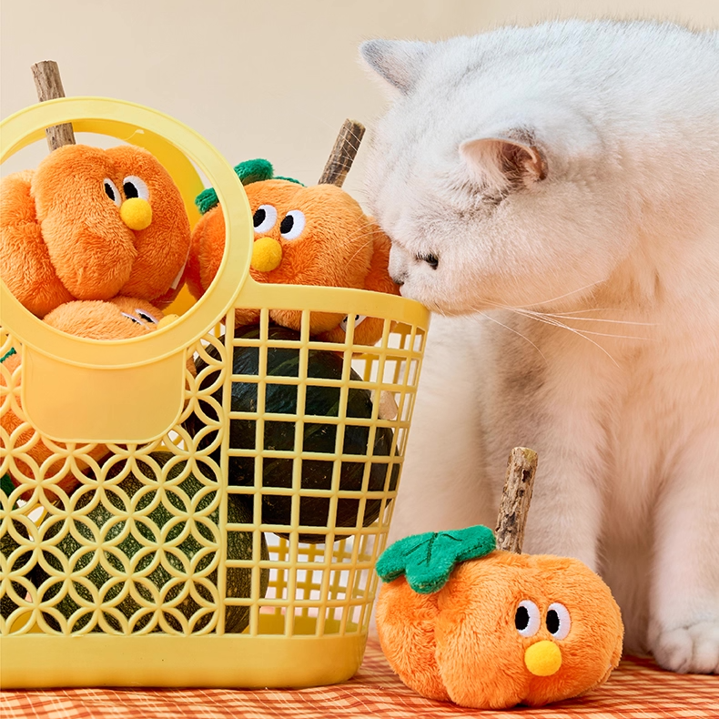 zeze Pumpkin Silvervine Cat Toy — Crinkly Plush Pumpkin with Chew Stick