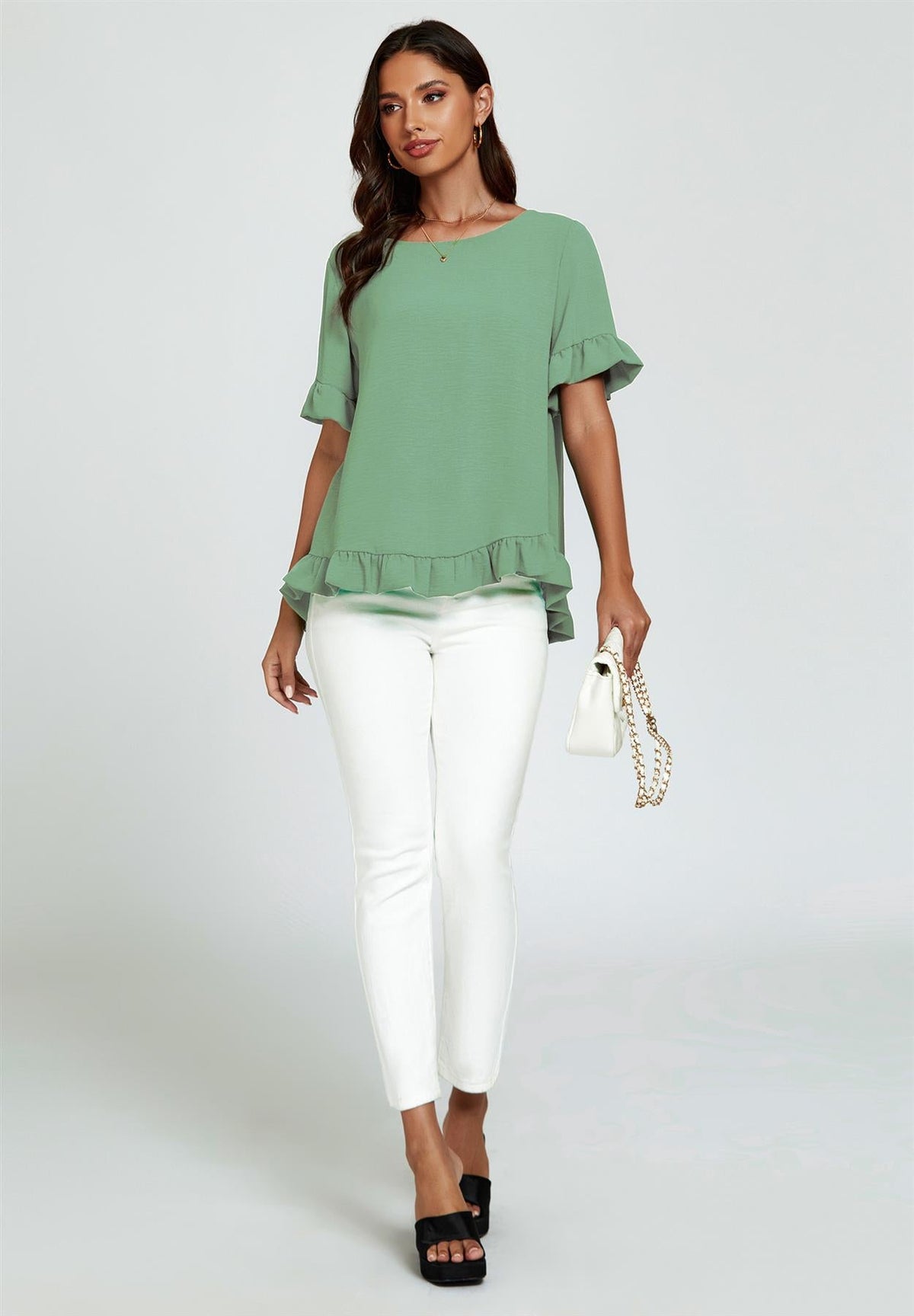 Frill Detail Short Sleeves Top In Light Green