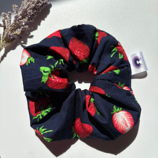 Cool navy blue and red strawberry large hair scrunchie