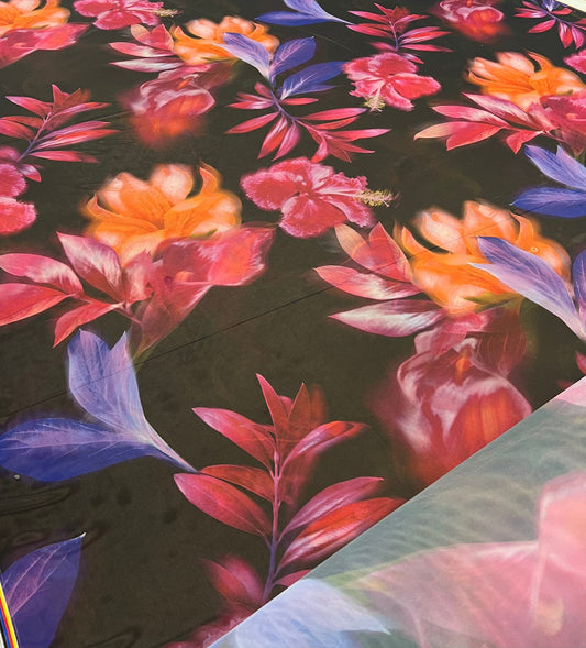 Large Black Floral Print Mesh Fabric Stretch