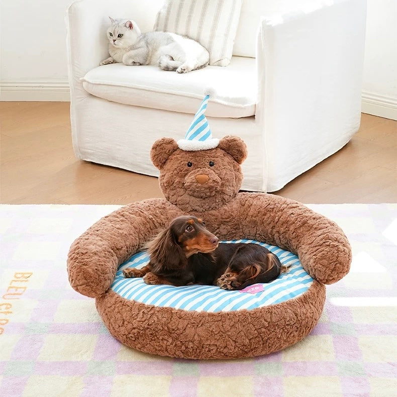 zeze Sleepy Nick Bear Pet Sofa — Plush Bear Bed with Striped Cushion