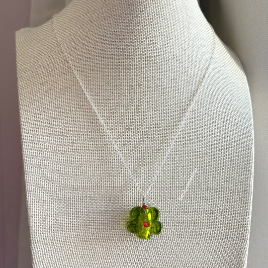 Cool green glass flower necklace on sterling silver chain