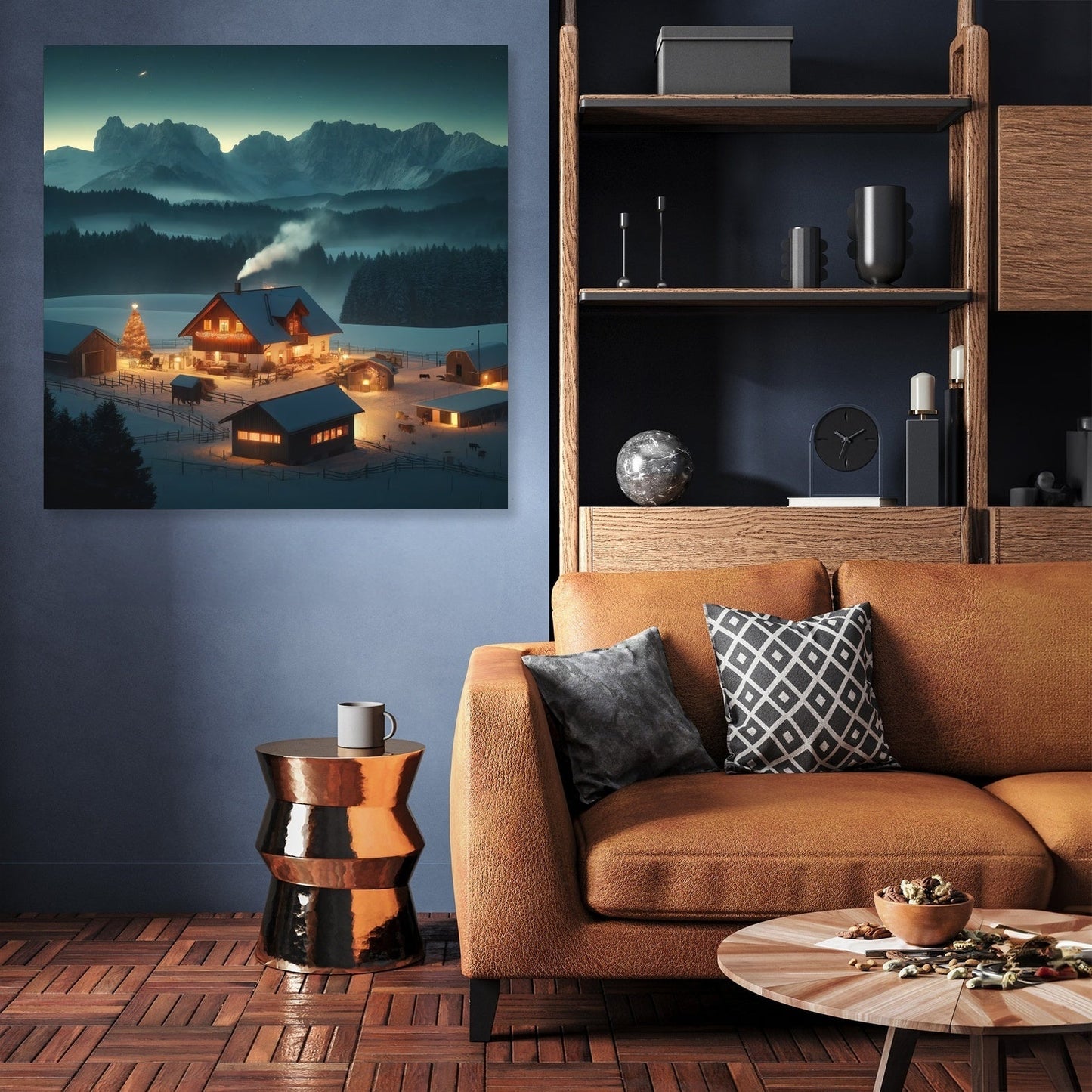 Mountain Farm Holiday Night Canvas