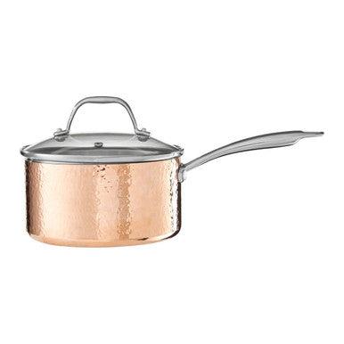Medium 18 Cm Hammered Copper Finish Saucepan with Lid | Minerva