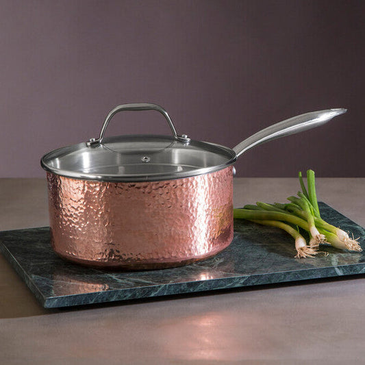Minerva Copper Finish Large 20 cm Hammered Saucepan with Lid