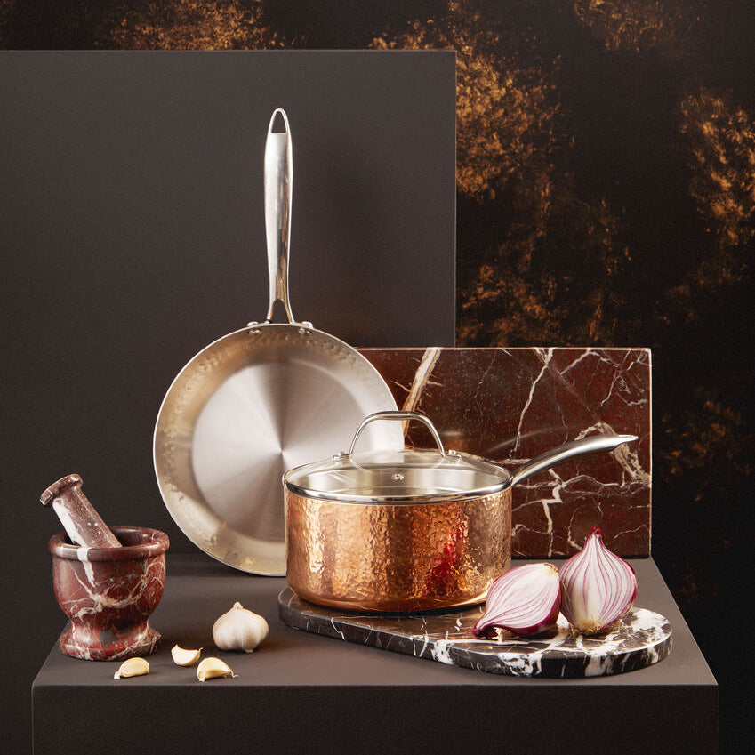 Copper Finish Large 20 Cm Hammered Saucepan with Lid | Minerva