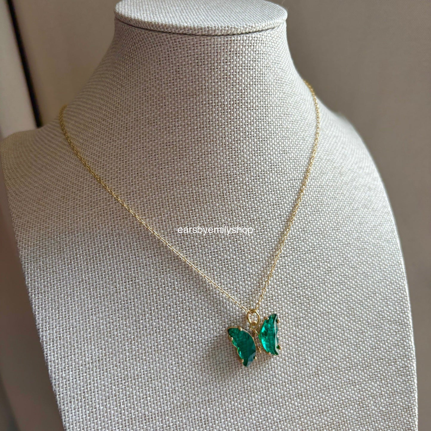 Cool green crystal glass butterfly gold necklace