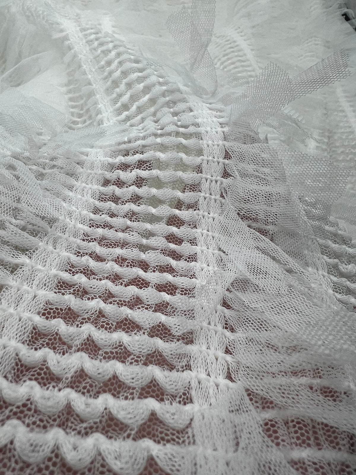 White Textured Mesh Tassel Fabric 2 Way Stretch