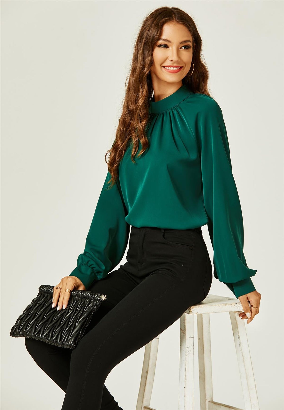 Halter Neck Long Sleeve Blouse Top In Green