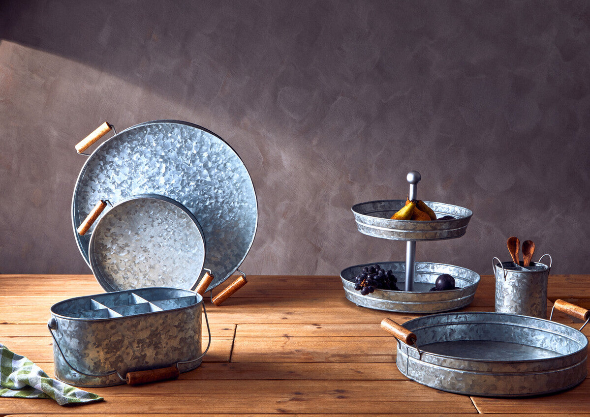 Drummond Round Galvanised Steel Tray With Wood Handles