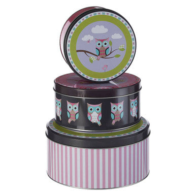 Set Of Three Happy Owls Storage Tins