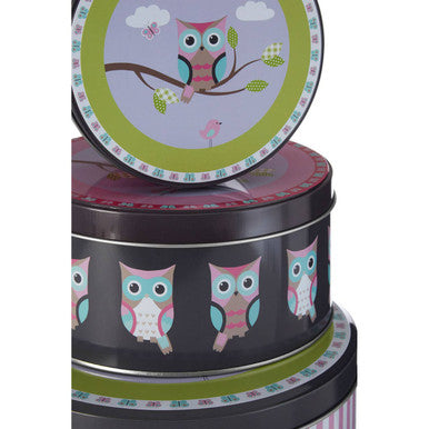 Set Of Three Happy Owls Storage Tins
