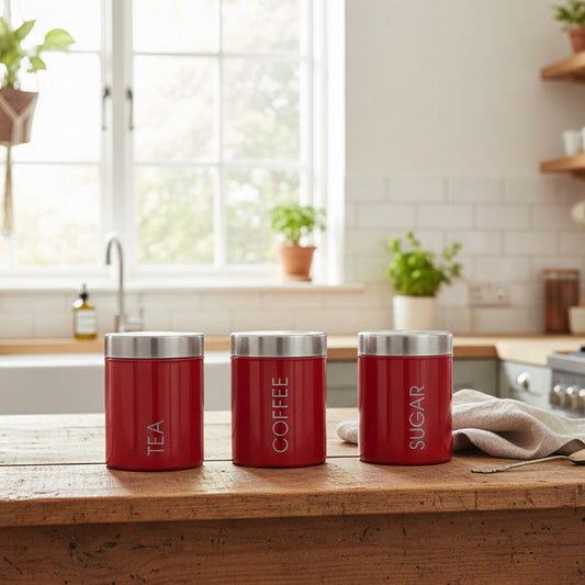 Red Enamel Tea Coffee And Sugar Set