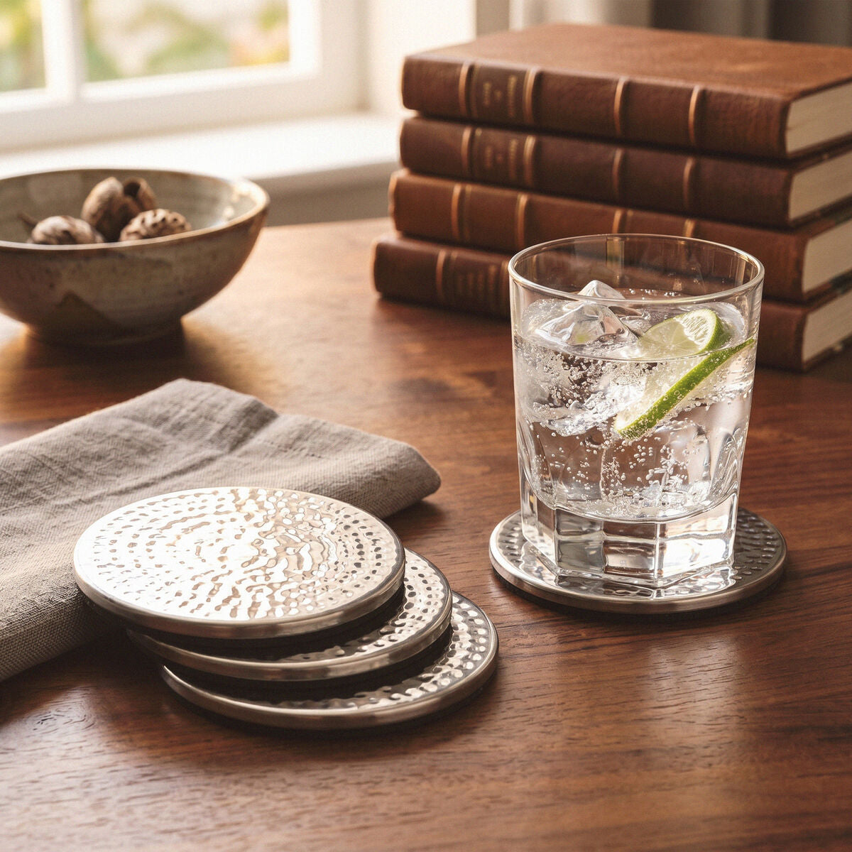 Set of Four Hammered Effect Stainless Steel Coasters | Mixology