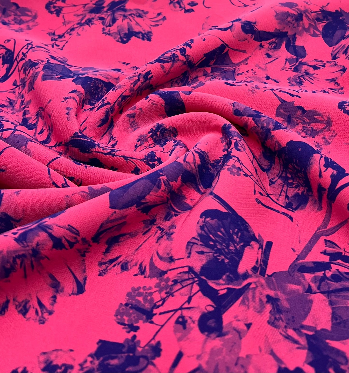 Hot Pink Purple Floral Compact Crepe Fabric 2 Way Stretch