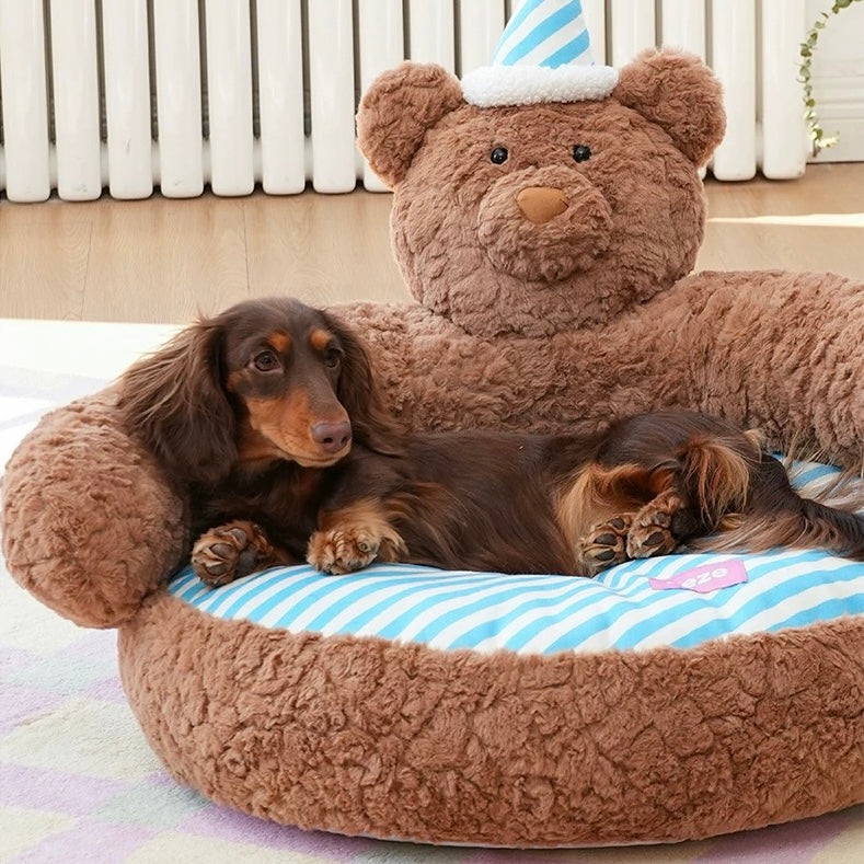 zeze Sleepy Nick Bear Pet Sofa — Plush Bear Bed with Striped Cushion