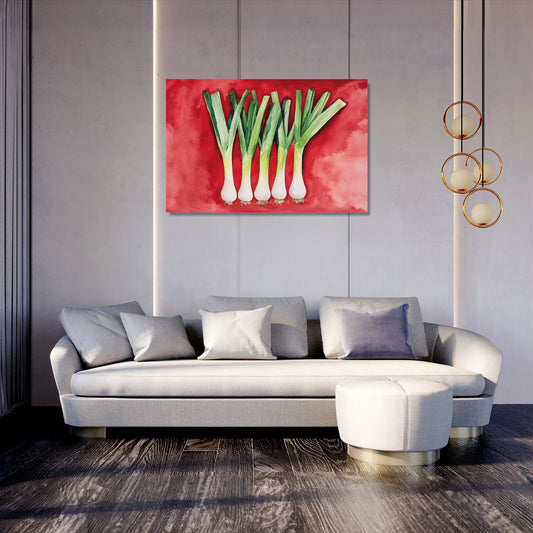 Elegant Leeks on Red Canvas