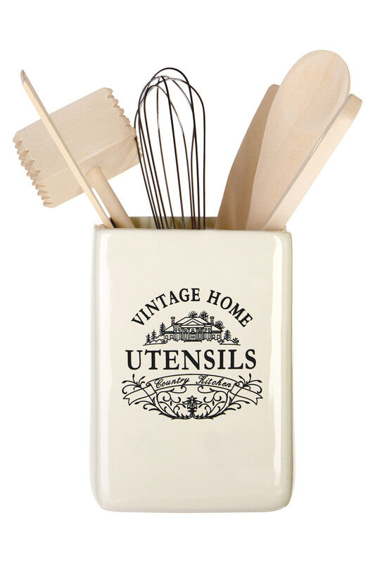 Cream Utensil Holder with 6 Utensils | Vintage Home