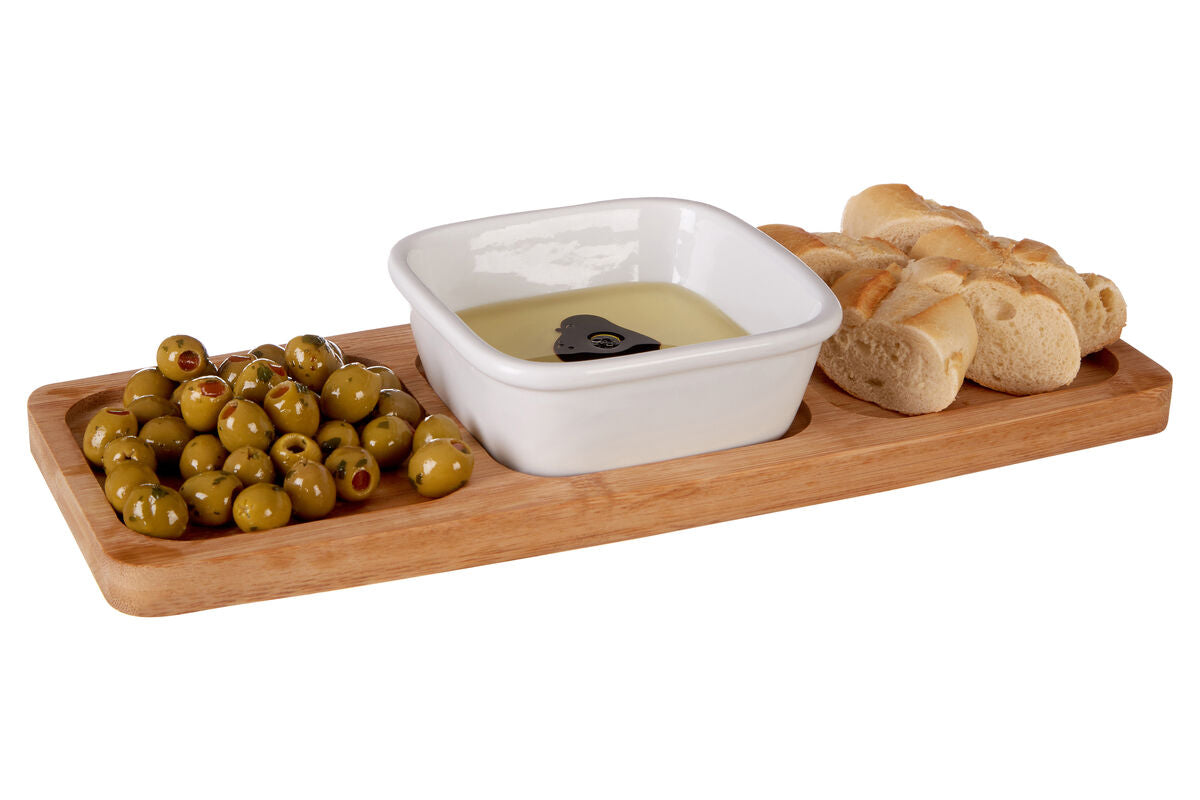Aleki Bamboo Snack Tray With White Dipping Bowl