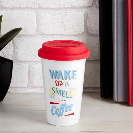 Taza Wake Up Ceramic Reusable Mug with Silicone Lid