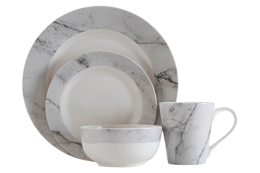 Avie 16Pc White And Grey Marble Effect Dinner Set