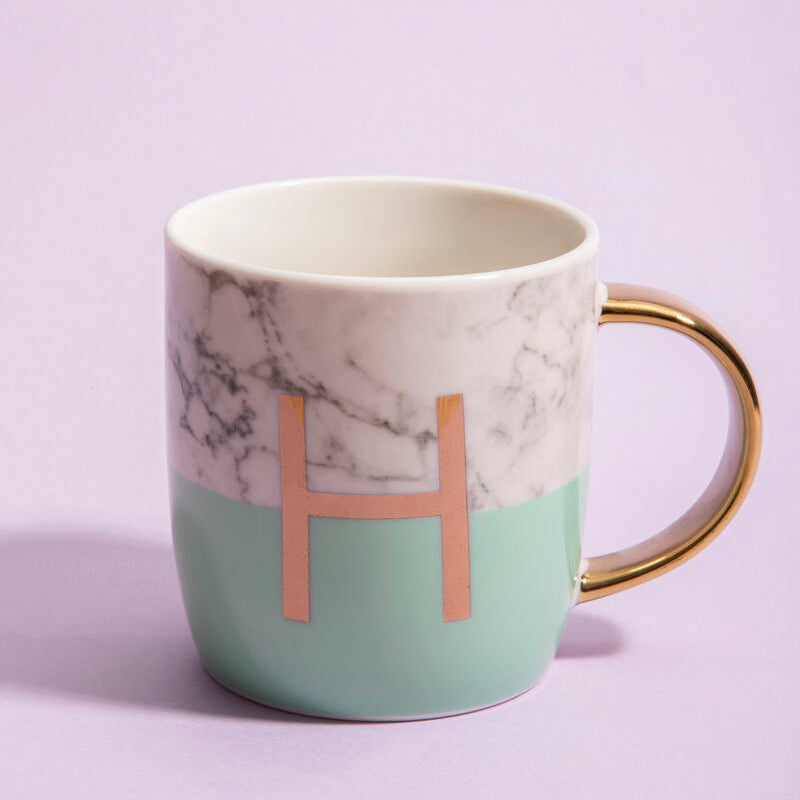 Marble Effect and Pastel Green Monogram Mug H | Frosted Deco