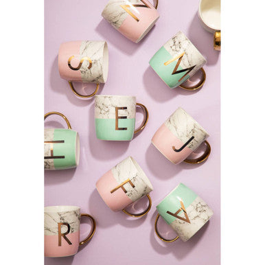 Frosted Deco Marble Effect and Pastel Green Monogram Mug, L