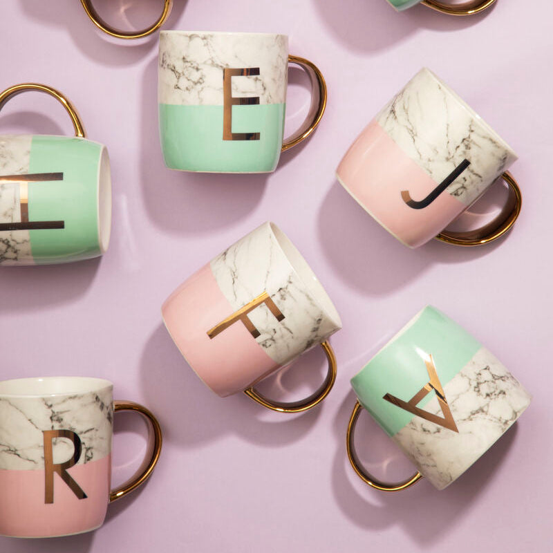 Marble Effect and Pastel Green Monogram Mug K | Frosted Deco