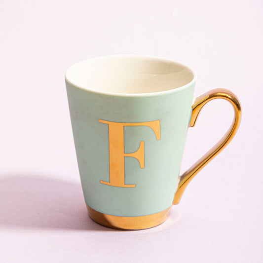 Mimo Green Frosted Deco F Letter Monogram Mug.