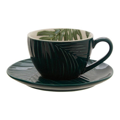 Bali Dark Green Cup And Saucer with Leaf Design