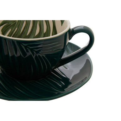 Dark Green Cup and Saucer with Leaf Design | Bali