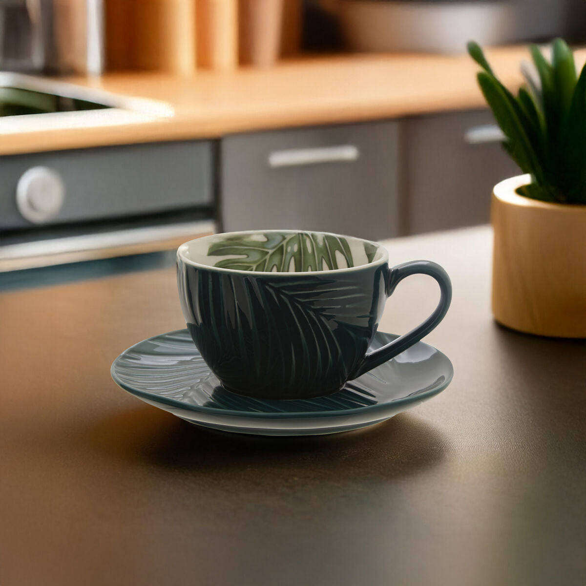 Dark Green Cup and Saucer with Leaf Design | Bali