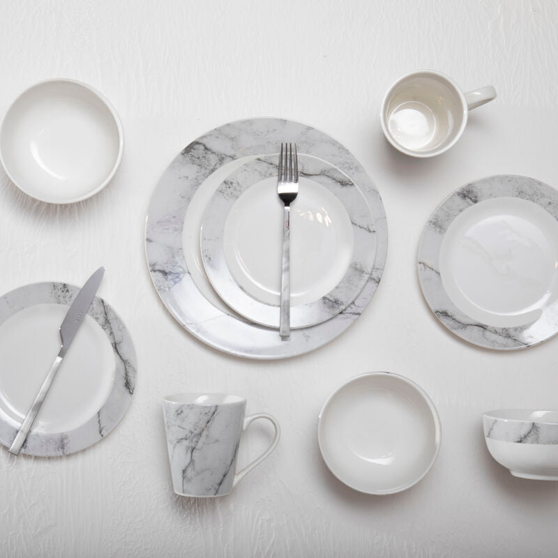 16 Piece White and Grey Marble Effect Dinner Set | Avie