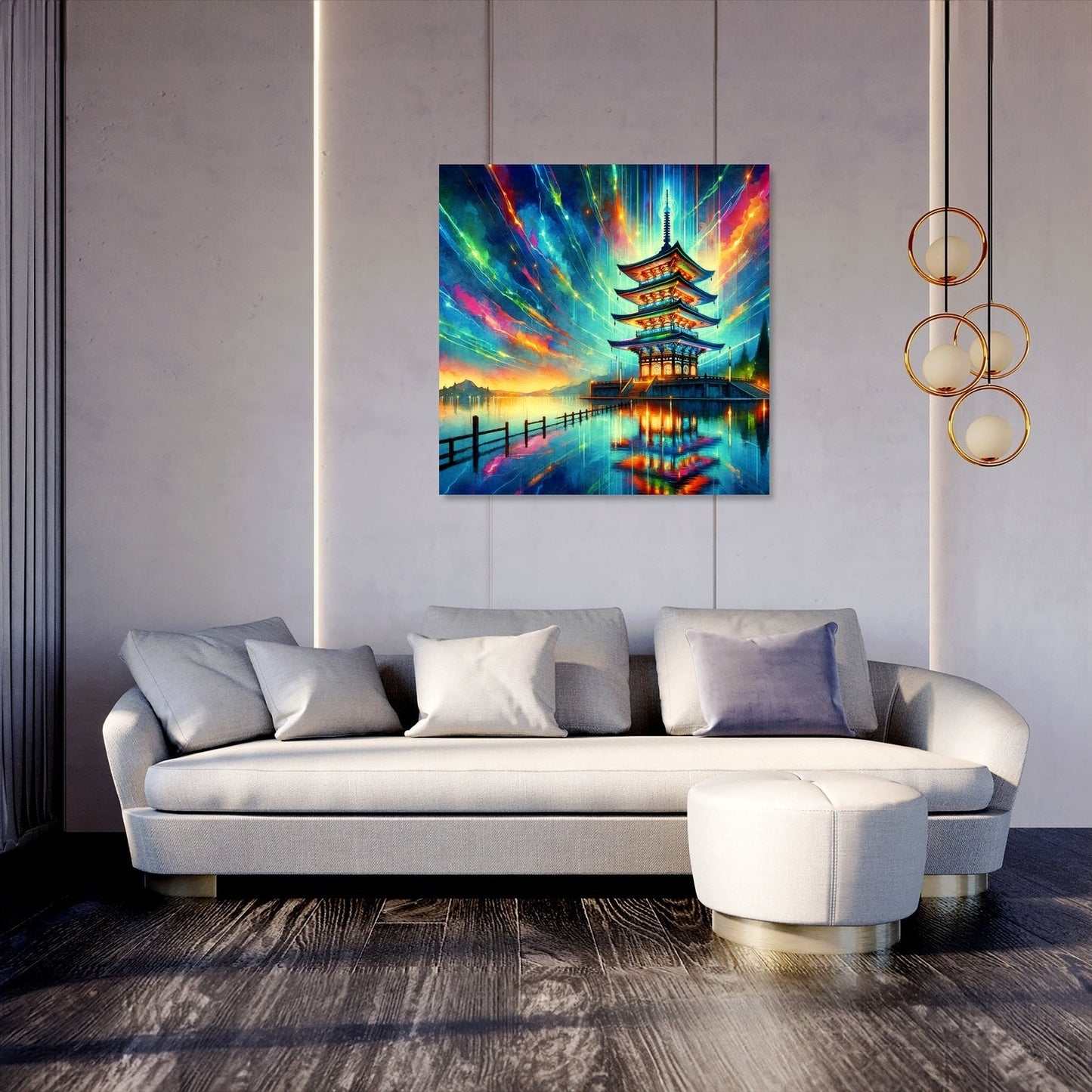 Neon Reflection Pagoda Canvas