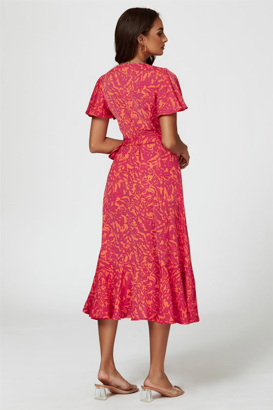 Abstract Print Midi Wrap Dress In Fuchsia