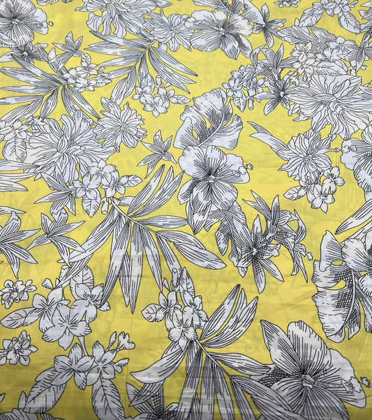 Yellow White Floral Lightweight Crepe Fabric 70GSM Non Stretch