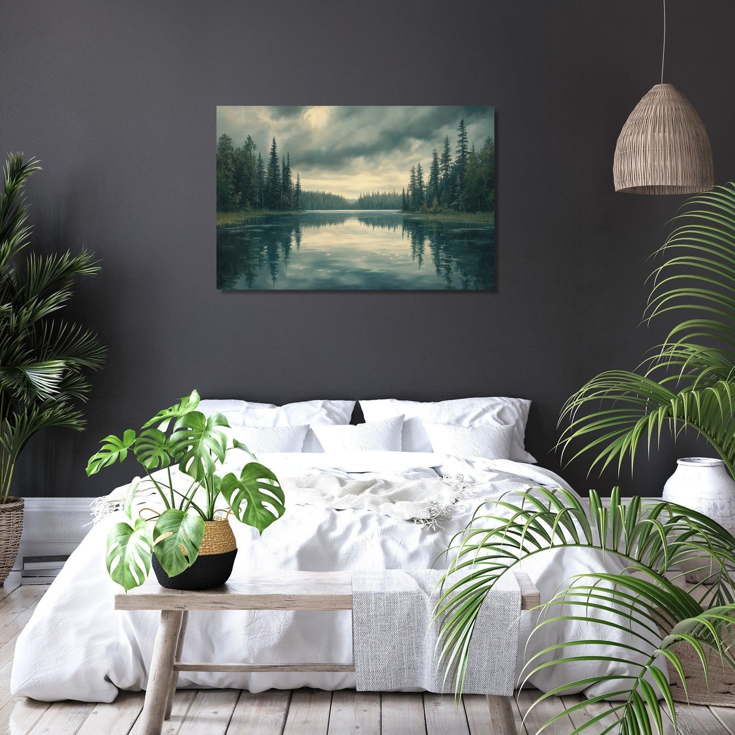 Reflective Pines under Grey Canvas
