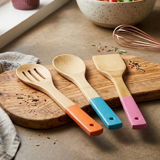 Aleki 3 Piece Bamboo Kitchen Utensil Set With Coloured Handles