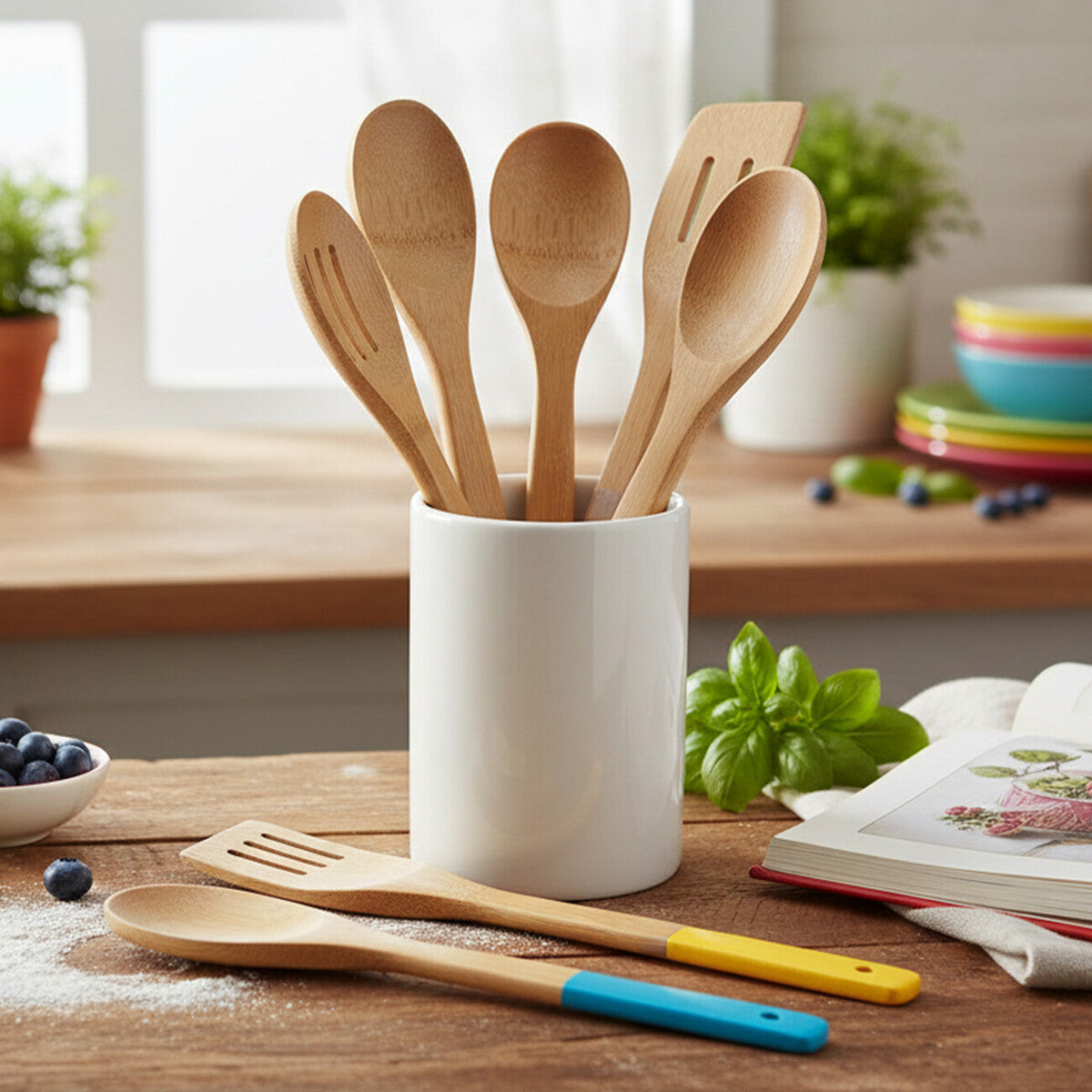 Aleki 5 Piece Bamboo Kitchen Utensil Set With Multi Colour Handles