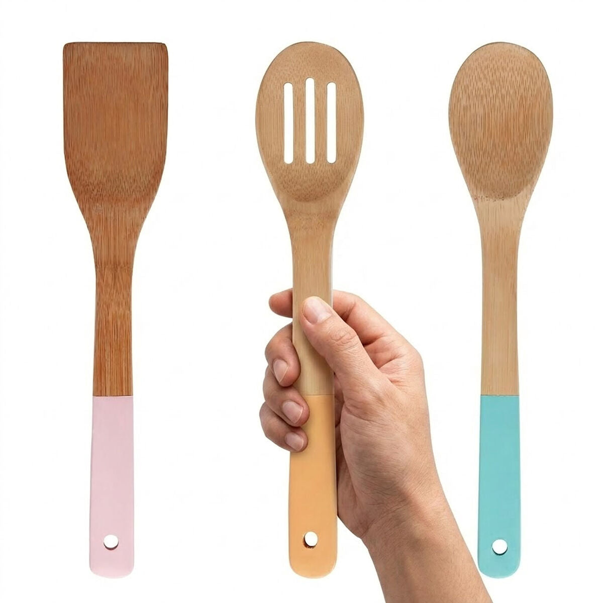 Aleki Natural Bamboo 3 Piece Utensil Set with Pastel Handles