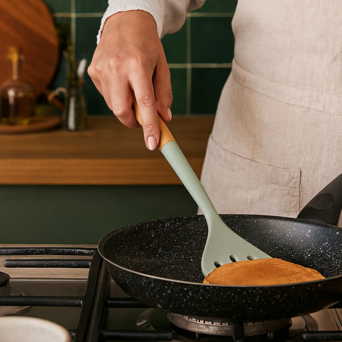 Nova Sage Green Silicone Slotted Turner With Wood Handle