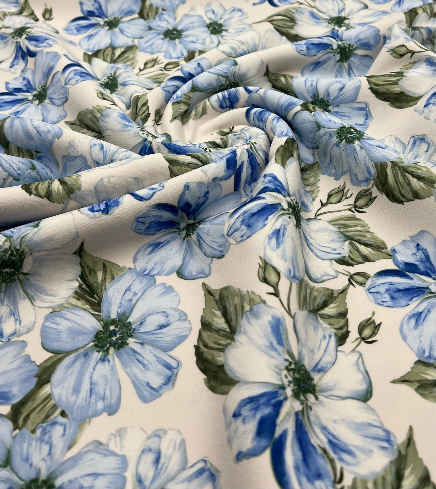 Ivory Blue Floral Compact Crepe Fabric 2 Way Stretch