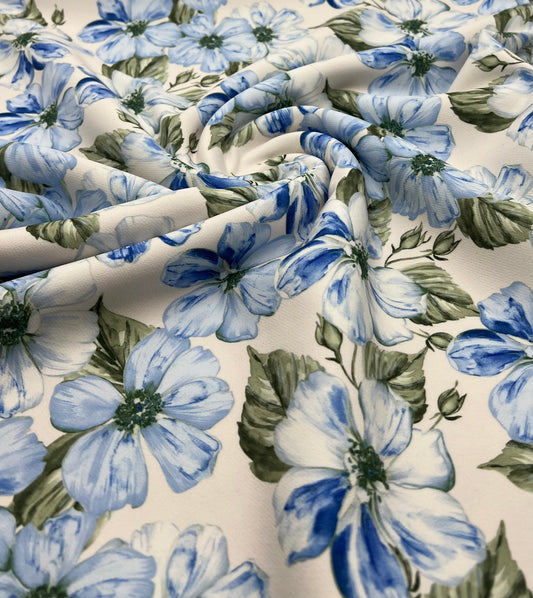 Ivory Blue Floral Compact Crepe Fabric 2 Way Stretch