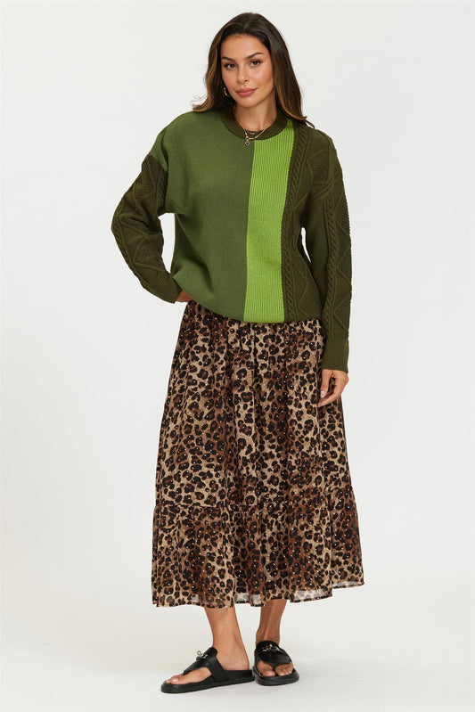 Gold Foil Leopard Print Midi Skirt In Brown