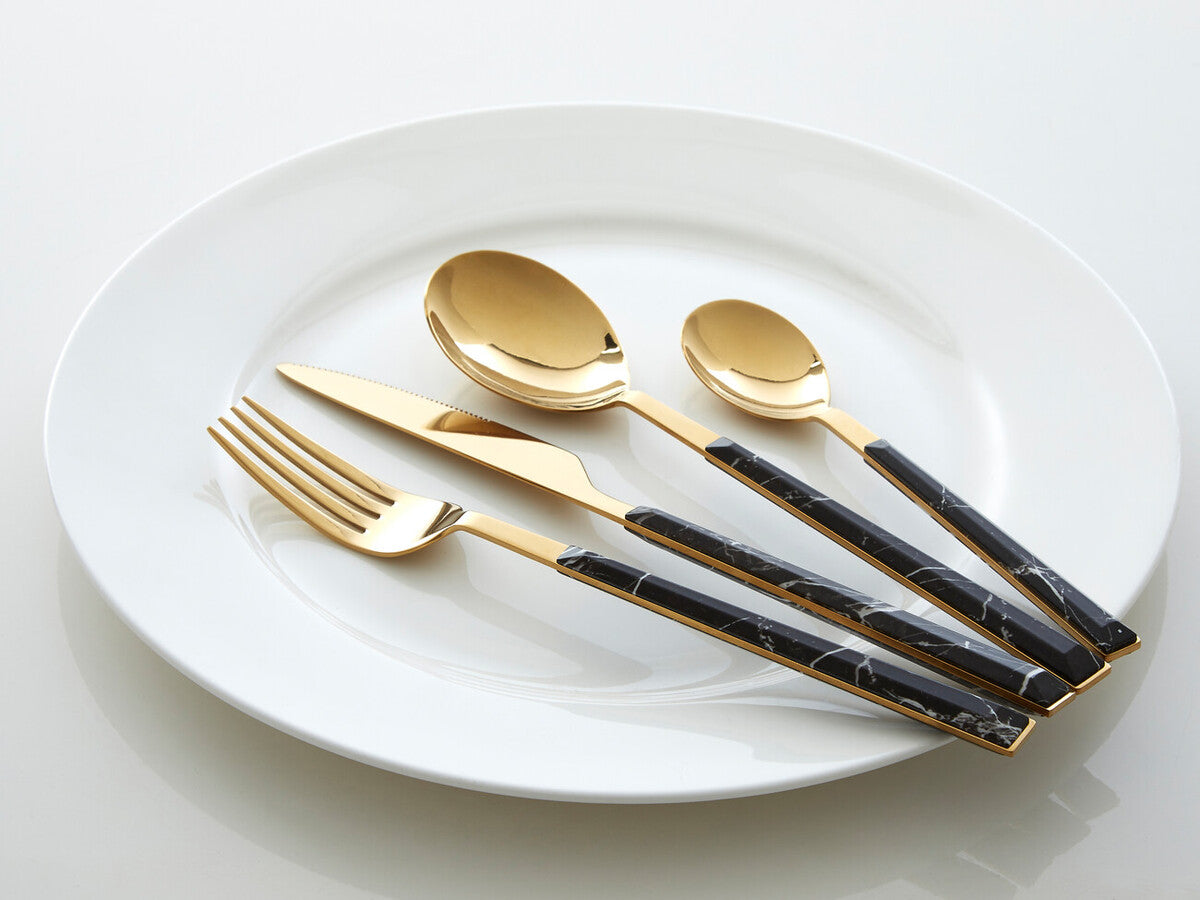 Avie 16 Piece Black Faux Marble Cutlery Set