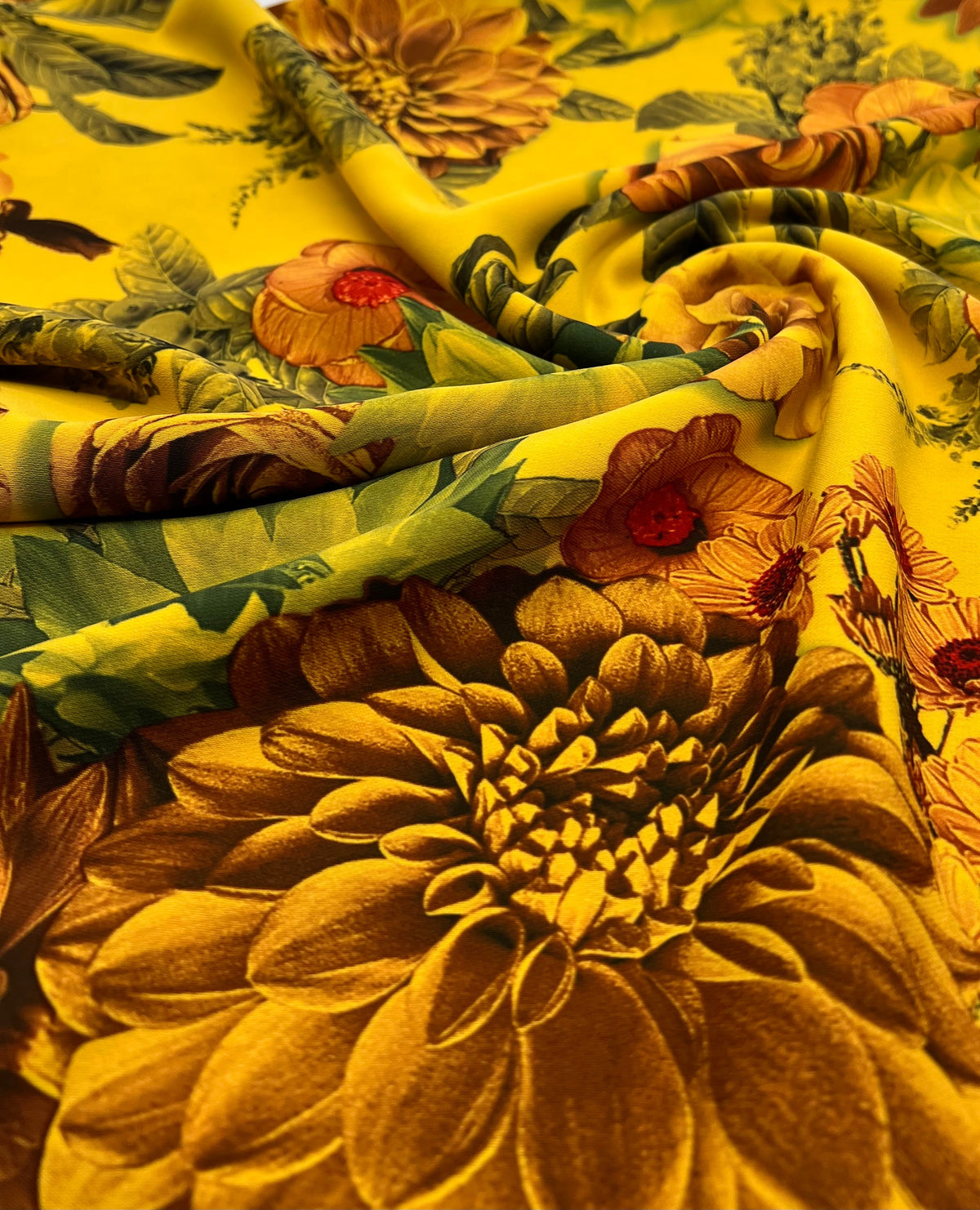 Mustard Floral Lightweight Crepe Fabric 150GSM Non Stretch