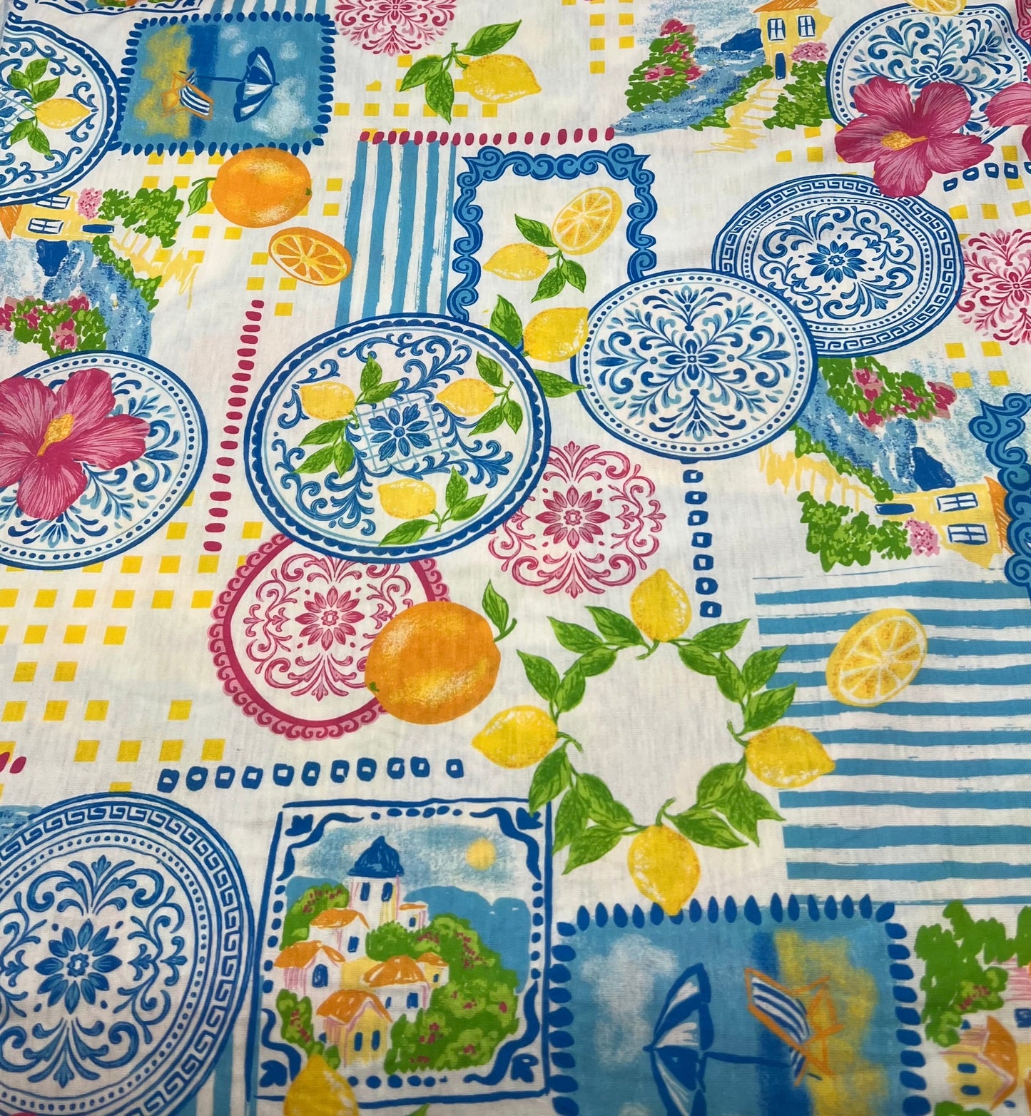 Mediterranean Amalfi Coast Print Spun Poly Stretch Fabric