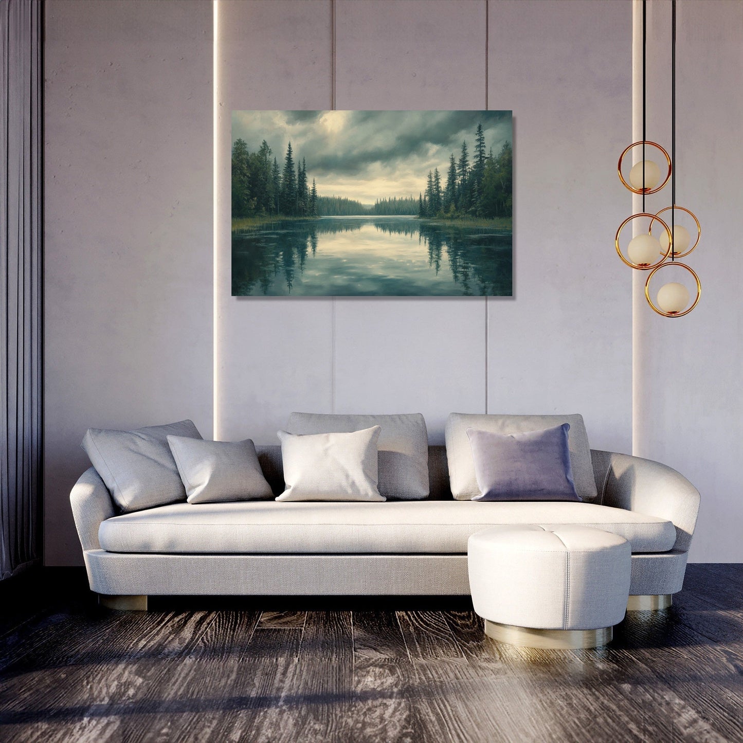 Reflective Pines under Grey Canvas