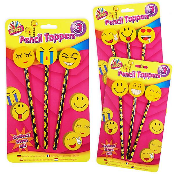 Kid's Pack of 3 Eraser-Topped Emoji Face Pencils (Assorted Designs)
