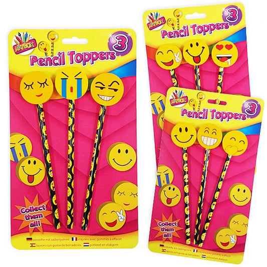 Kid's Pack of 3 Eraser-Topped Emoji Face Pencils (Assorted Designs)